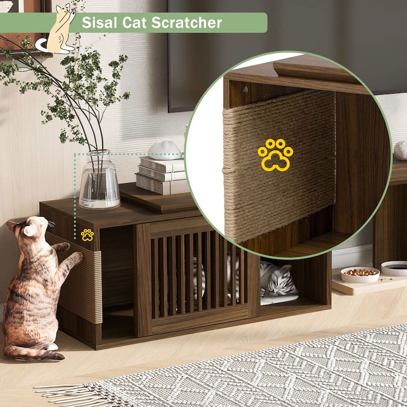 2 in 1 Cat TV Stand Entertainment Center with Extendable Table, Litter Box Enclosure with Cat Scratcher