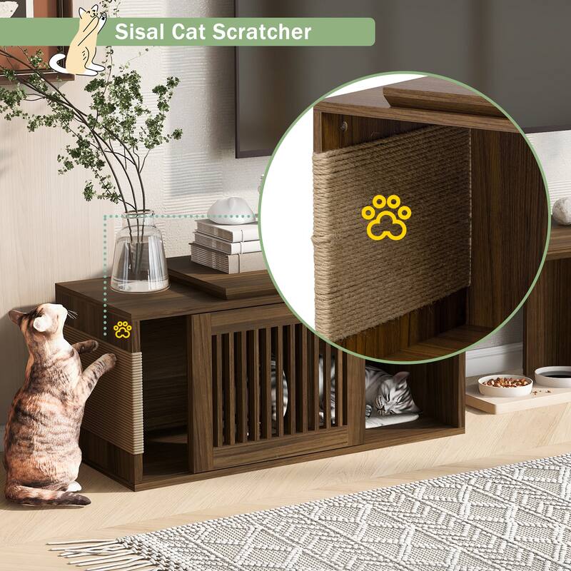 TV Stand With Extendable Table, Litter Box Enclosure with Cat Scratcher - Walnut