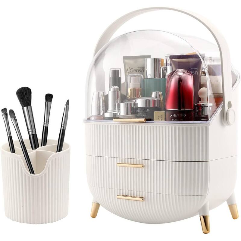 Makeup Organizer,Cosmetics Display Case With 2-Layer Storage Box - 11.2*7.2*14.5in, - White A