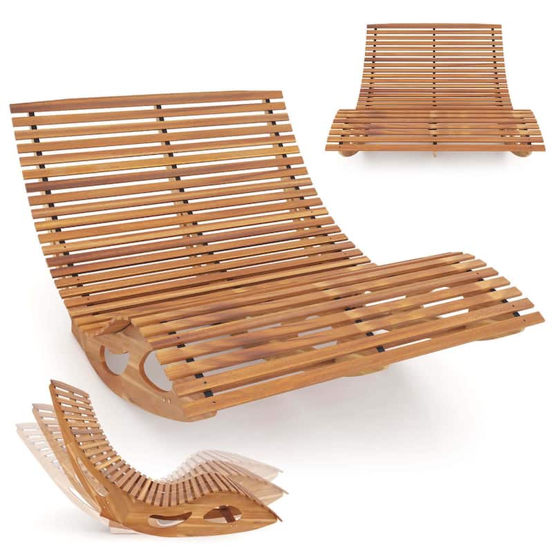 Rocking Double Chaise Lounge Acacia Wood Sun Bed Lounger - Natural