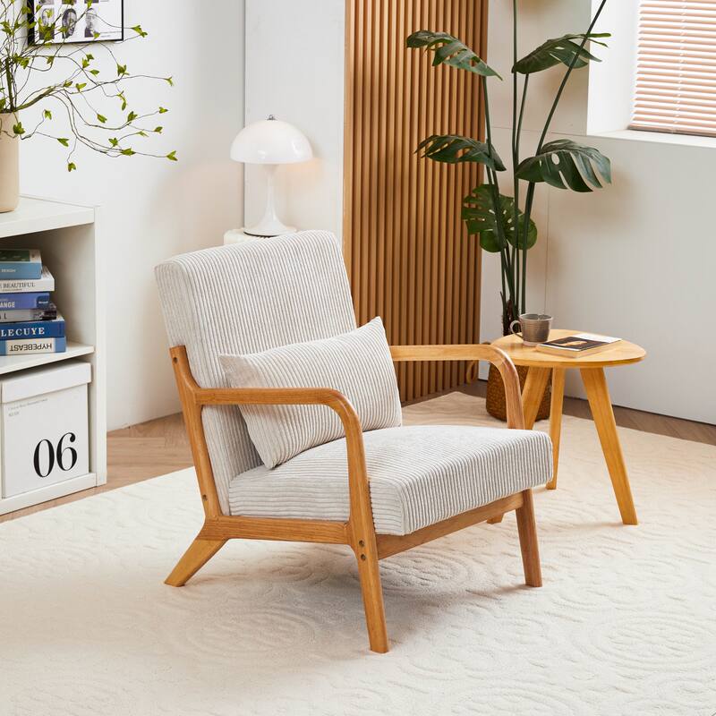 Mid-Century Modern Accent Chair, Upholstered Single Sofa Chair with Pillow, Lounge Armchair with Rubber Wood Frame - Beige