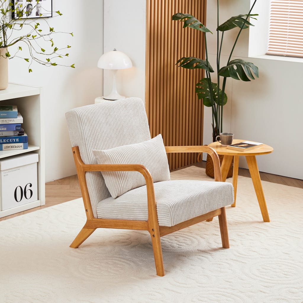 Mid-Century Modern Accent Chair, Upholstered Single Sofa Chair with Pillow, Lounge Armchair with Rubber Wood Frame