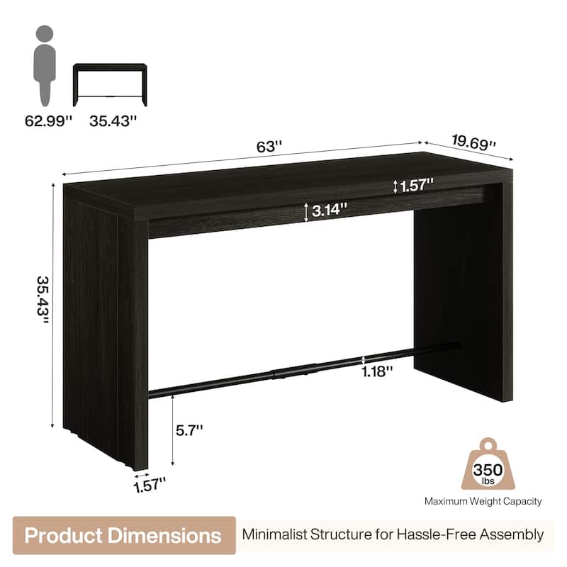 63 Inch Bar Table with Footrest, Black - 63" L x 19.69" W x 35.43" H