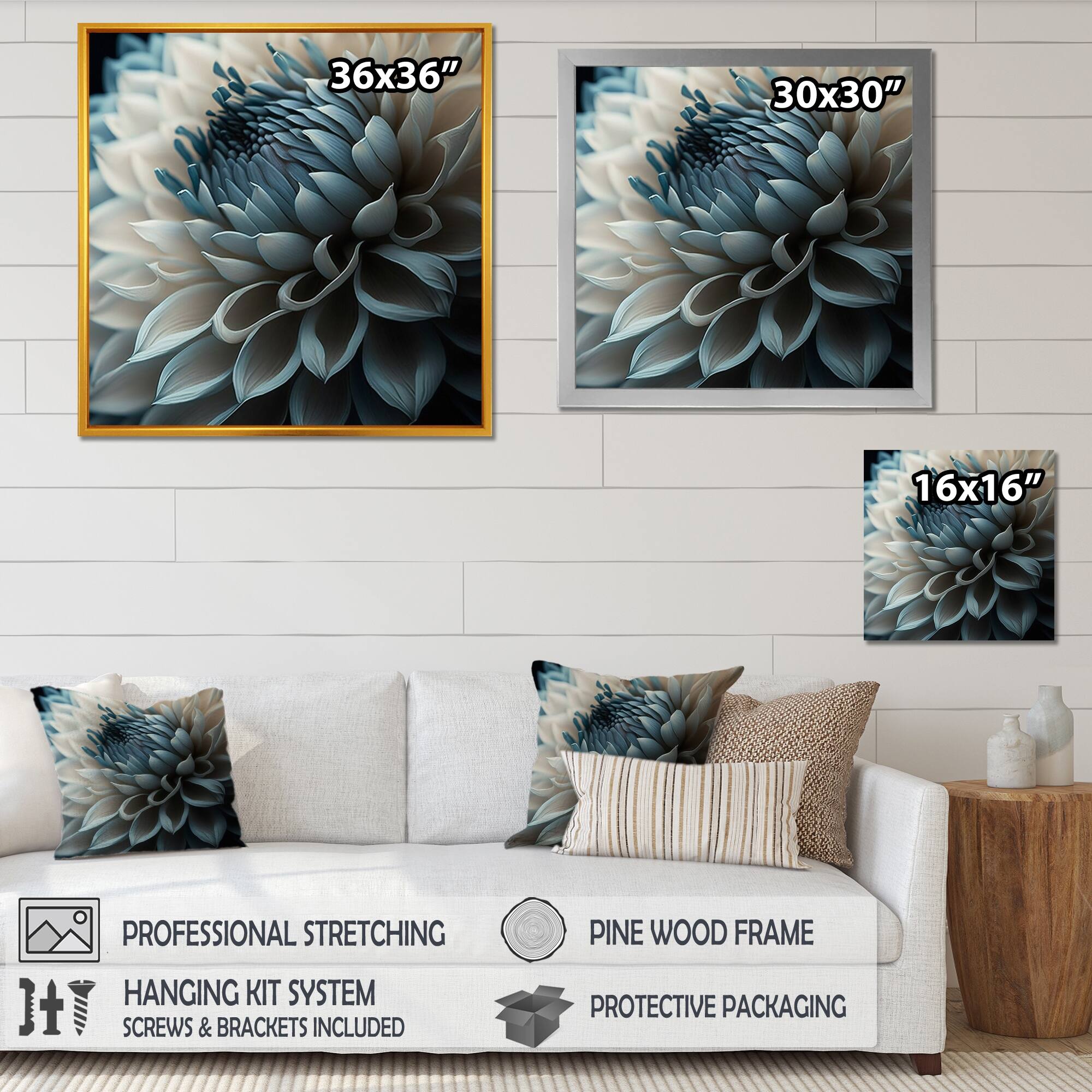 Designart 'Blue And White Dahlia Flowers II' Floral Dahlia Canvas Wall ...