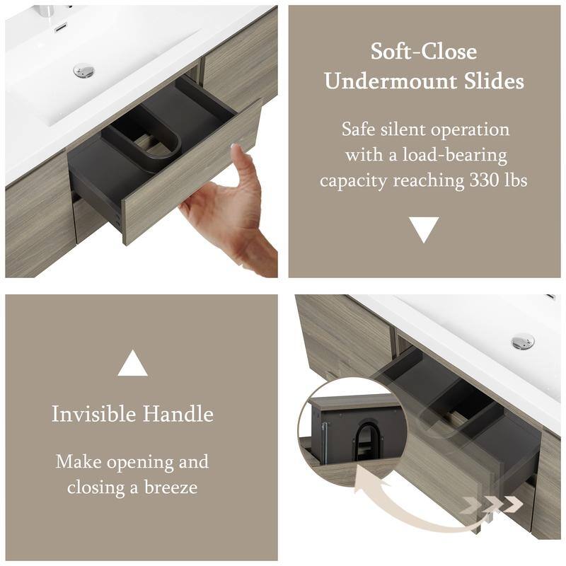 ABRUZZO 60" Floating Bathroom Vanity with Integrated Resin Top Basin 2 Cabinets 2 Soft Close Drawers Full Assembly