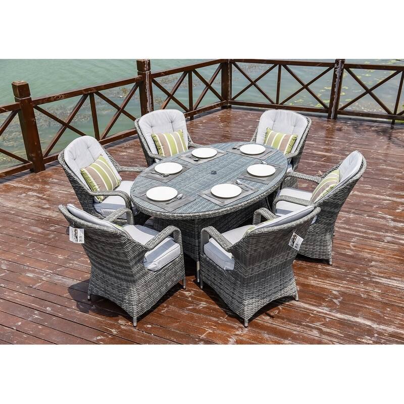 Moda 7-Piece Patio Wicker Oval Dining Table Set with Cushions