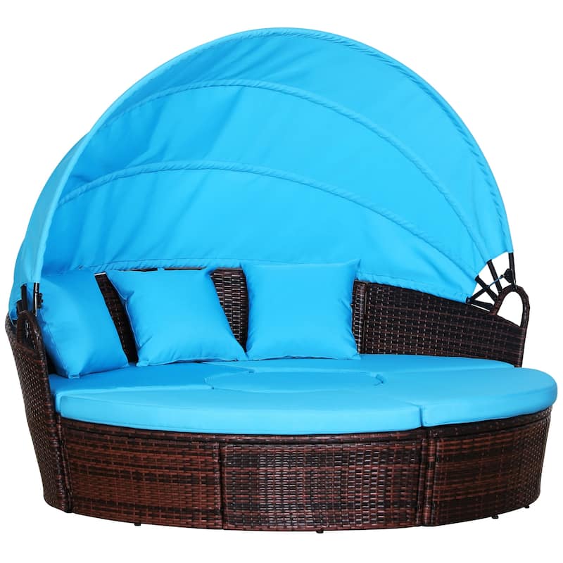 Outsunny 4-Piece Rattan Patio Furniture Set, Round Convertible Daybed or Sunbed with Adjustable Sun Canopy - Blue