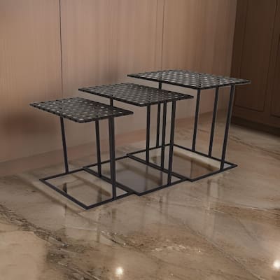 Set of 3 Plant Stand Side Tables, Rectangular Mesh Top, Black Metal Frame