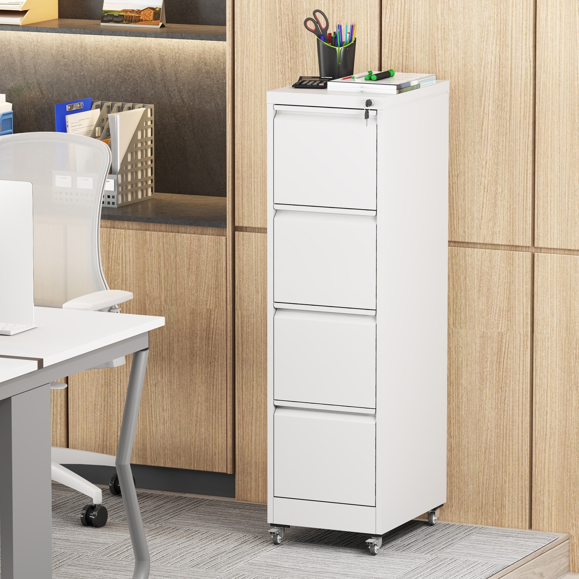 4 Drawer Metal Locking Vertical File Cabinet on Wheels - Heavy-Duty Lockable Cabinet for Home & Office, 17.71"D*15.16"W*52.28"H