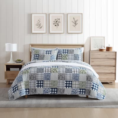 Eddie Bauer Cozy Plaid Patchwork Cotton Reversible Blue Quilt Set
