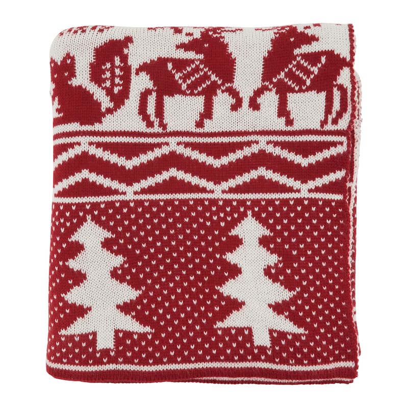 Knit Throw With Christmas Tree and Reindeer Design