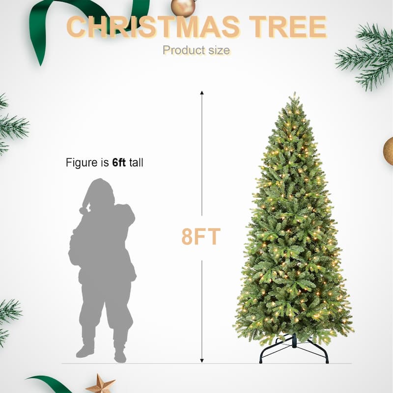 8FT Christmas Tree with 1847 Tips and 600 Warm White LED Lights-PVC+PE Mixed Branches, Hinged Structure, Metal Stand