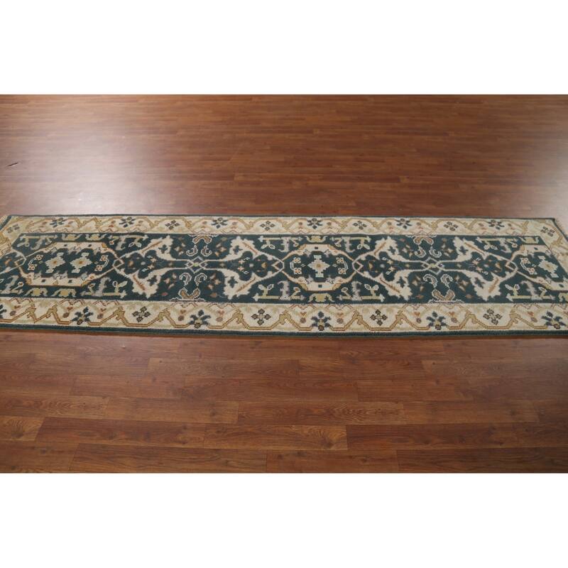 Handamde Green Oushak Oriental Runner Rug Hand-Knotted Wool Carpet - 2'7"x 9'8"