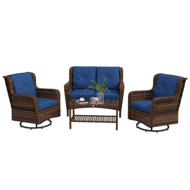 Outsunny 4 Piece PE Wicker Patio Furniture Set, Conversation Set with 2 360° Swivel Rocking Armchairs, 1 Loveseat Sofa