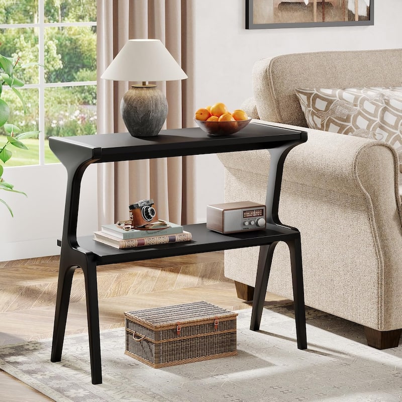 Modern SideTable with Storage Shelf, Sofa End Table with Solid Wood Legs, Bedside Table, Nightstand for Bedroom, Living Room - Black