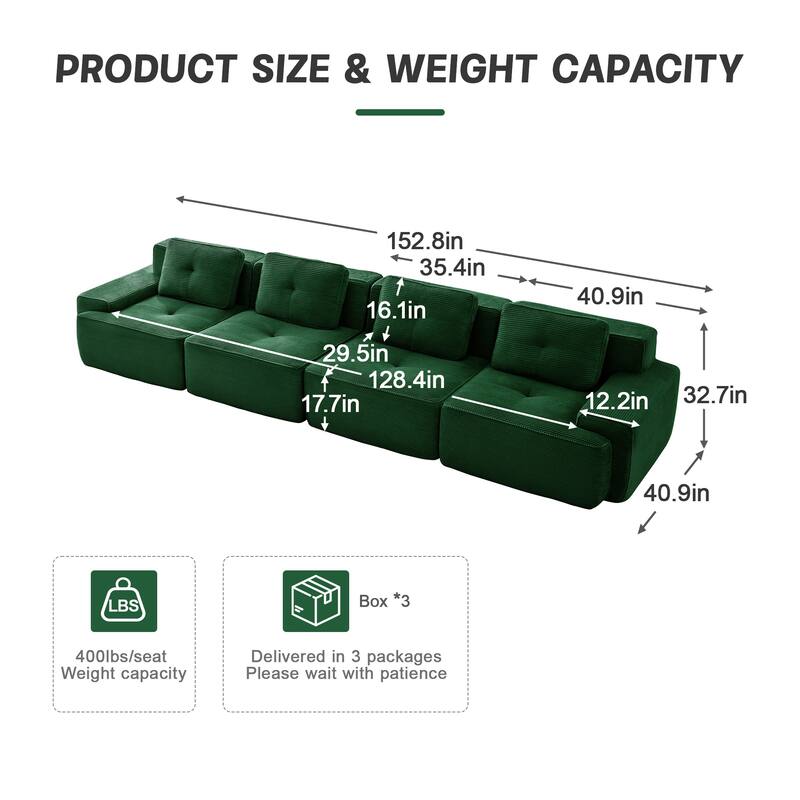 153" Modern Modular Corduroy Sectional Sofa, 4-Seater, Tufted Design