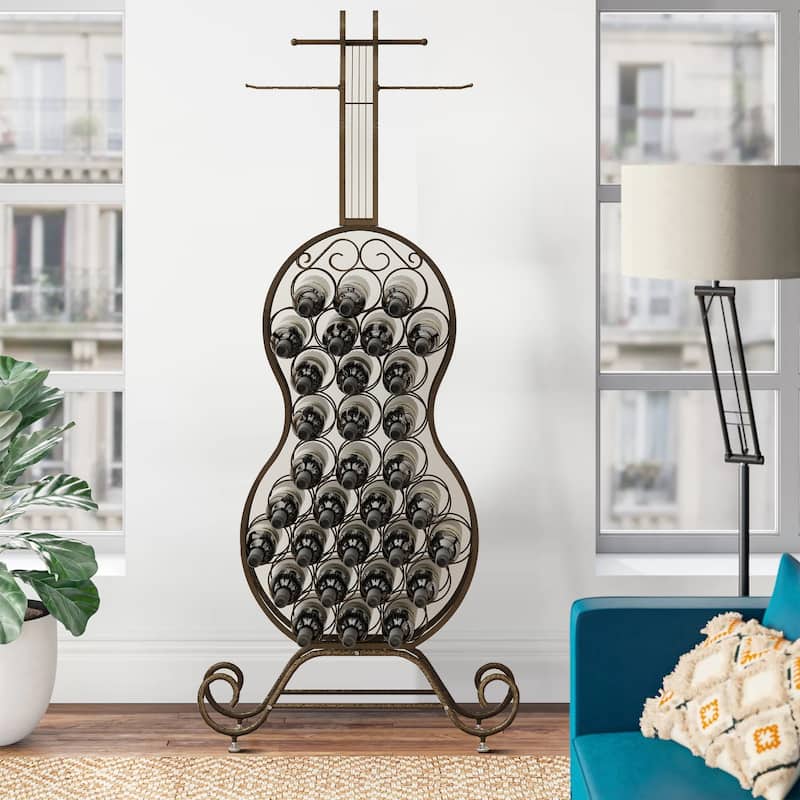 Vintage industrial style cello shape iron wine rack with wine glass holder and bottle holder -  Antique Brown