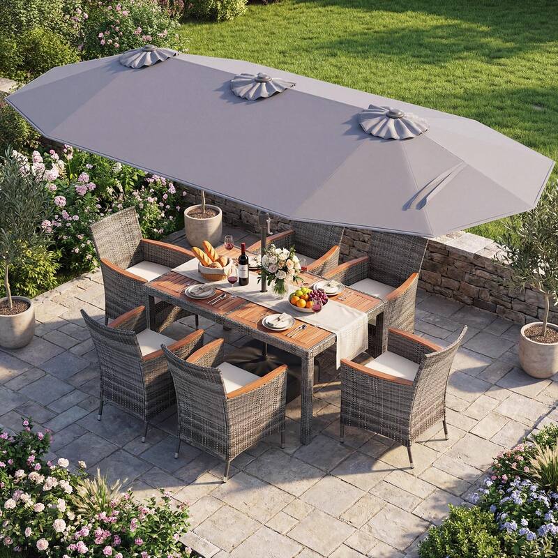 Gymax 8-Piece Patio Dining Set w/ Double-Sided Market Umbrella Acacia
