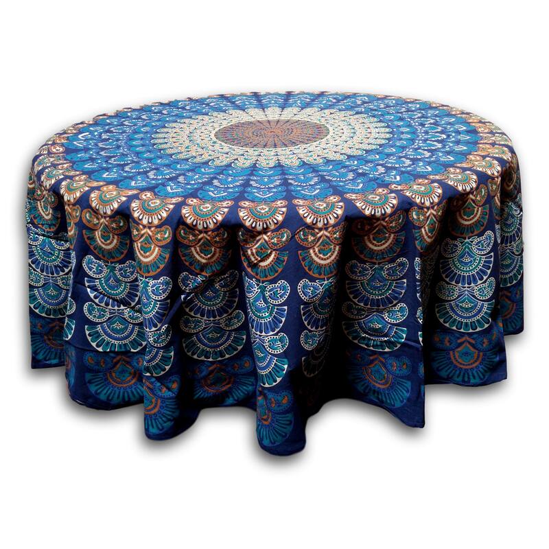 Cheery Peacock Floral Print Cotton Tablecloth Collection - 72-in Round - Blue