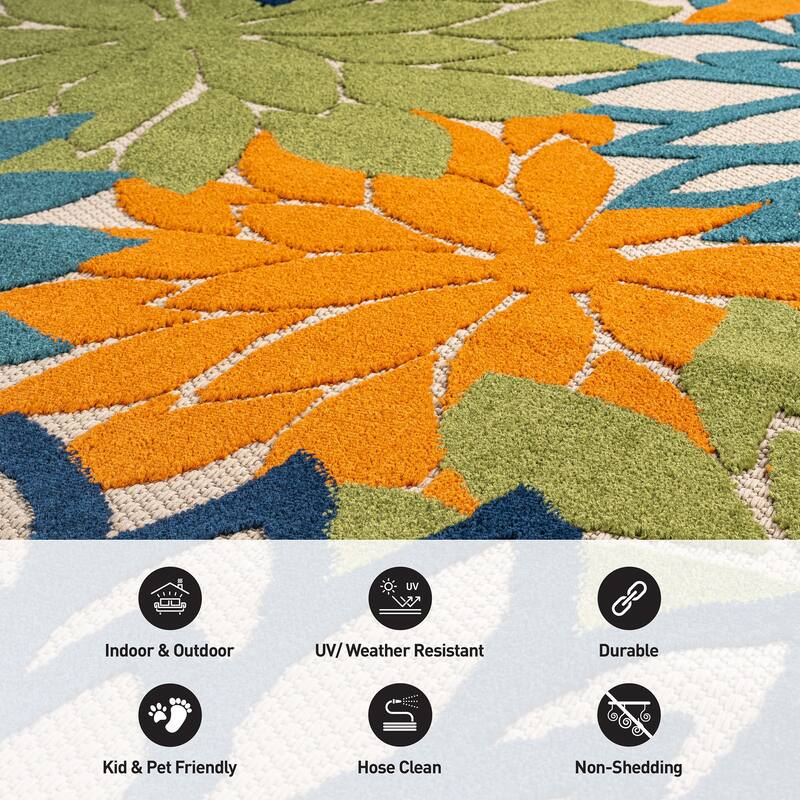 World Rug Gallery Indoor/Outdoor High-Low Textured Area Rug, Floral Easy-Clean Patio Rug