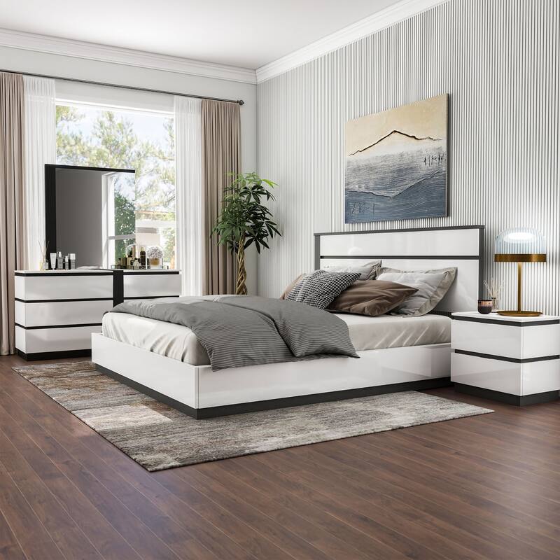 Furniture of America Conjira Modern 4-Piece White Wood Platform Bedroom Set - King