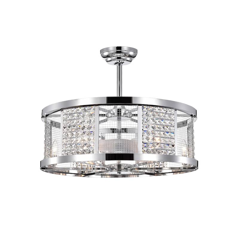 Cassie Chrome Ceiling Fan 30-Inch 6-Light Geometric Metal & Crystal Drum Shade (Includes Remote)