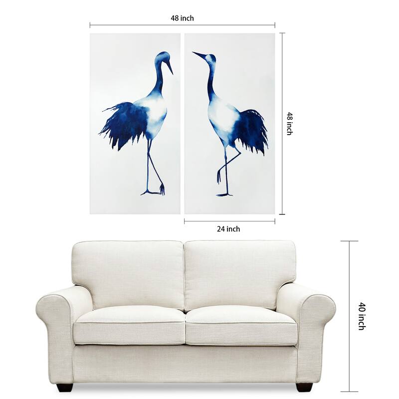 "Ink Drop Crane" Glass Wall Art Printed on Frameless Free Floating Tempered Glass Panel - Blue
