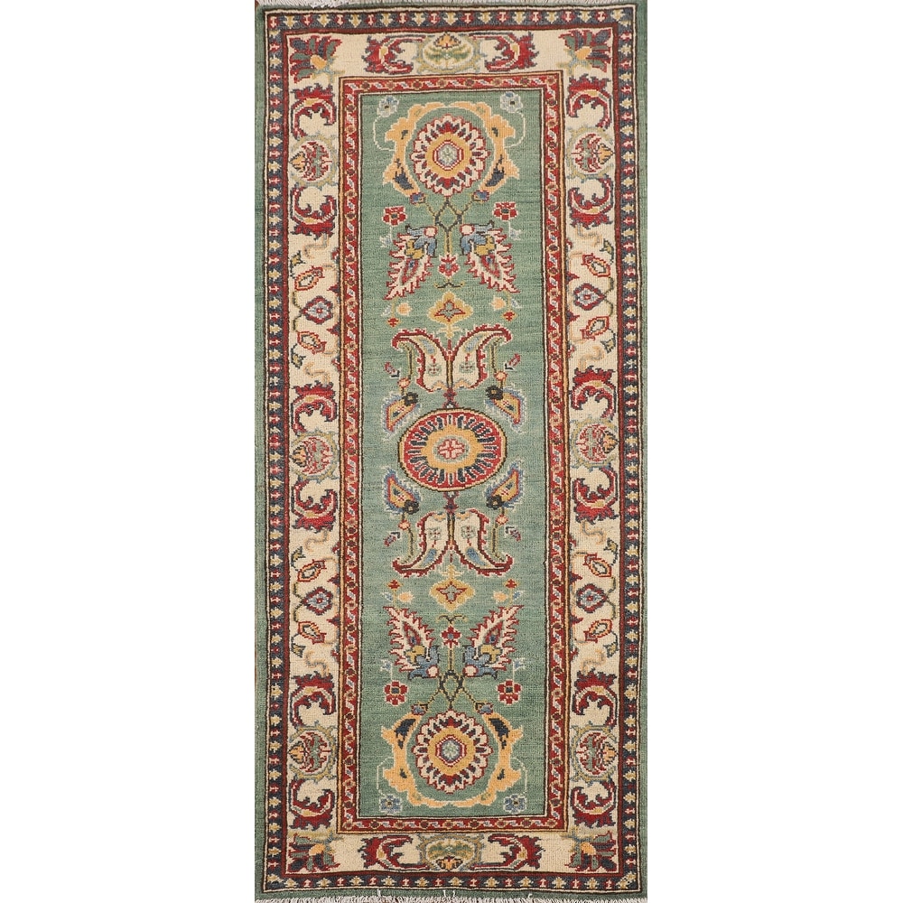Green Floral Kazak Oriental Runner Rug Handmade Wool Carpet - 2'1" x 5'8"