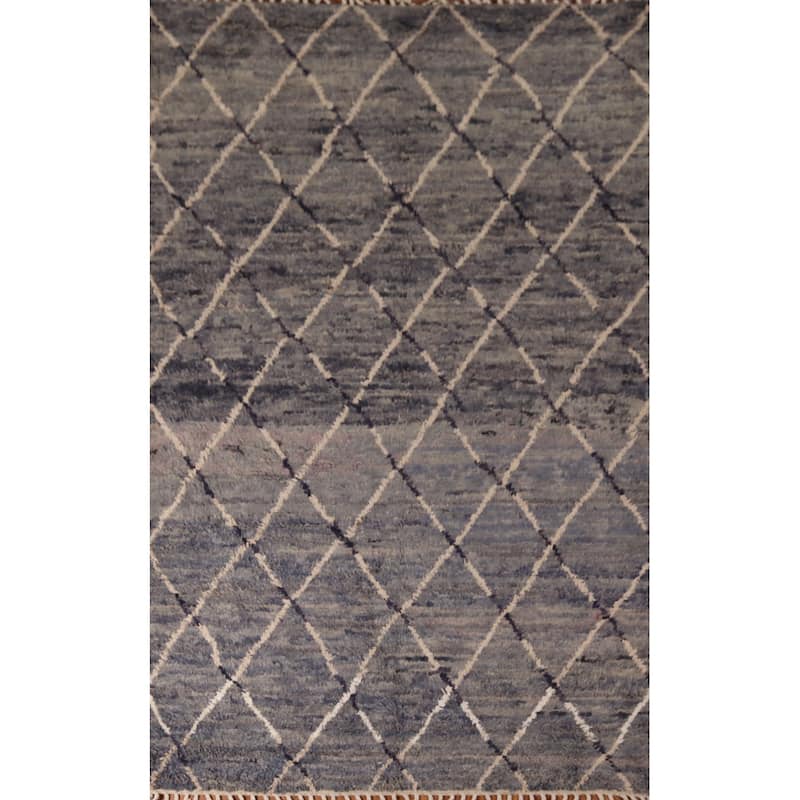 Grays & Blues Trellis Moroccan Area Rug Hand-Knotted Wool Carpet - 6'0" x 9'7"