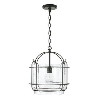 Harmon 14.25" 1-light Matte Black Pendant w/ Clear Seeded Glass & Outer Cage