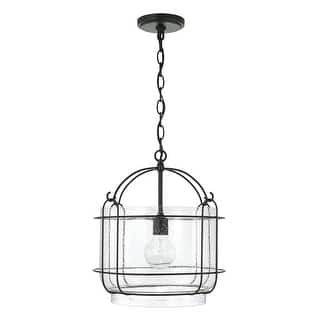 Harmon 14.25" 1-light Matte Black Pendant w/ Clear Seeded Glass & Outer Cage