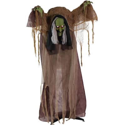 Haunted Hill Farm Animatronic Talking Hunchback Witch with Movement and Lights for Scary Halloween Decoration