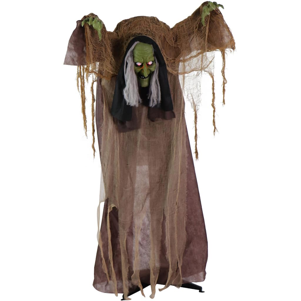 Haunted Hill Farm Animatronic Talking Hunchback Witch with Movement and Lights for Scary Halloween Decoration