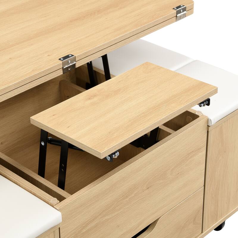 Multi-Functional Lift-Top Coffee Table with Hidden Storage and Stools,Table with 4 Stools and Casters