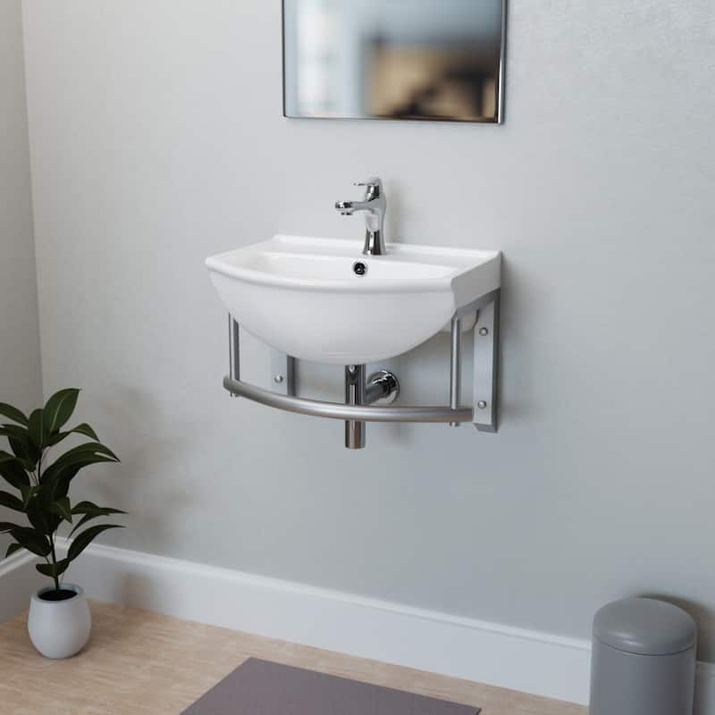 White Porcelain Wall Mounted Bathroom Sink with Faucet, Drain, Towel Bar and Overflow