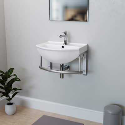 White Porcelain Wall Mounted Bathroom Sink with Faucet, Drain, Towel Bar and Overflow