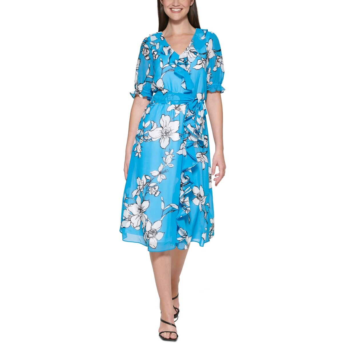 calvin klein blue chiffon dress Calvin Klein Womens Blue Tie Hi-lo Hem Chiffon Flutter Sleeve Faux Wrap Dress