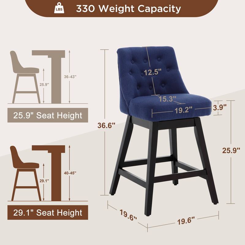 26"/29" Upholstered Swivel Counter and Bar Height Stools Solid Wood Frame (Set of 4)