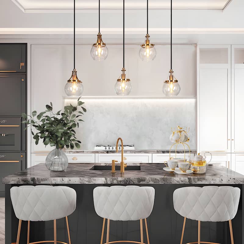 Beta Modern 5-Light Linear Orb Glass Chandelier Black Gold Pendant Light for Kitchen Island - L 31.5" x W 4.9" x H 8"