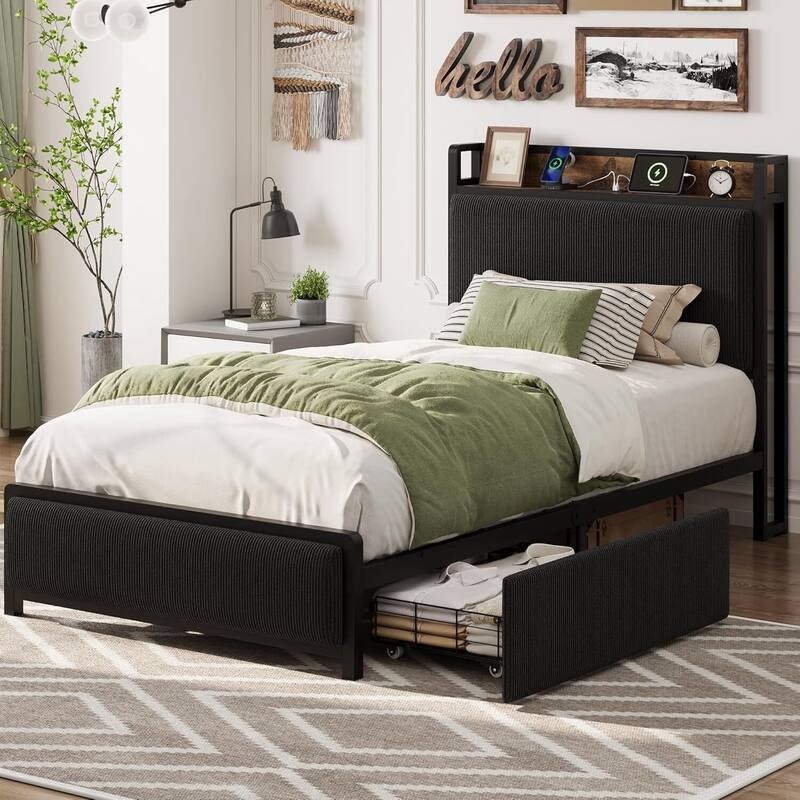 Twin Size Platform Bed Frame with 2 Storage Drawers and Charging Station - Black