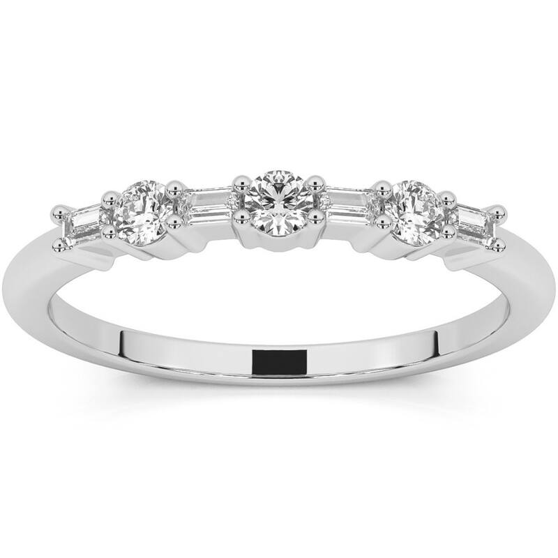1/4Ct Baguette & Round Diamond Wedding Ring Stackable Band Gold Lab Grown