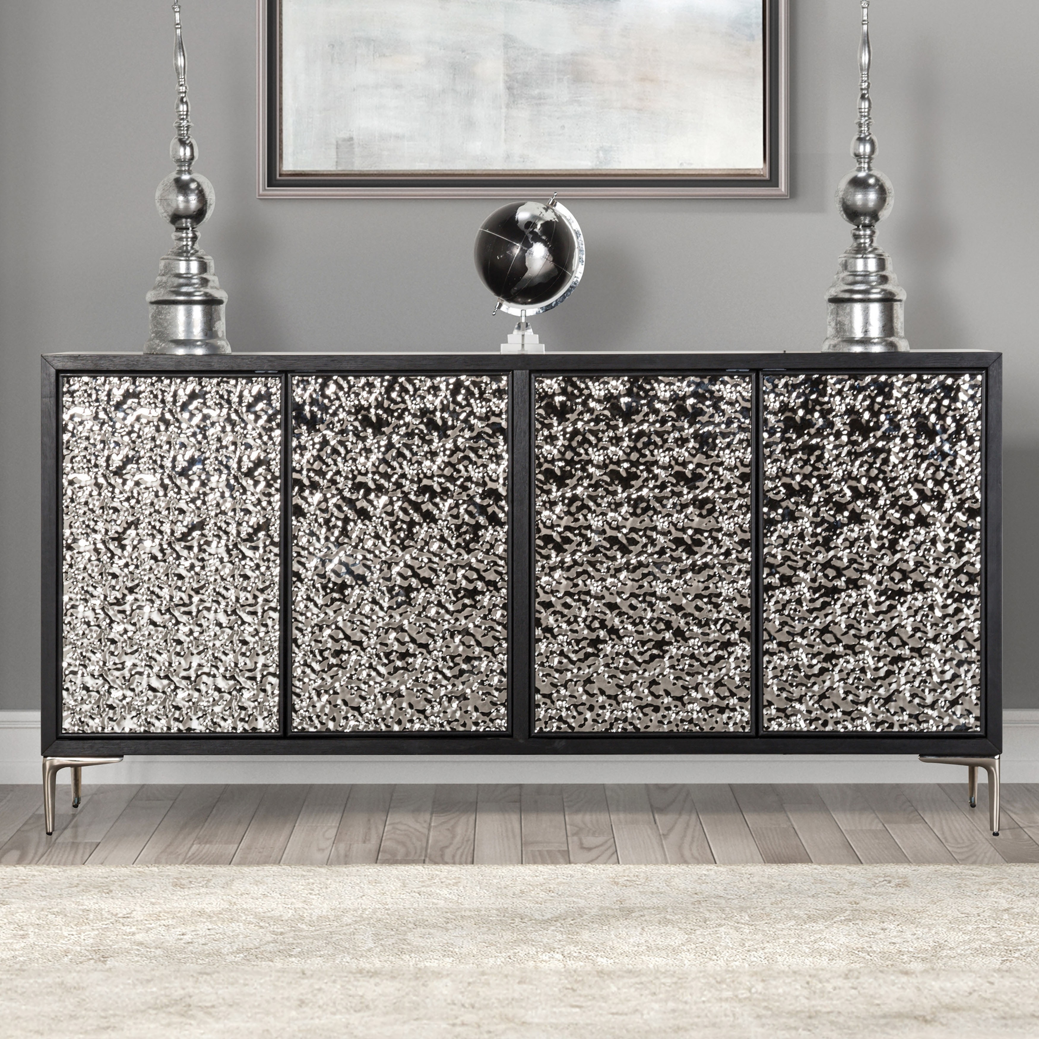 Furniture of America Fable Modern Weathered Black 4-Shelf Dining Server Cabinet with Stainless Steel