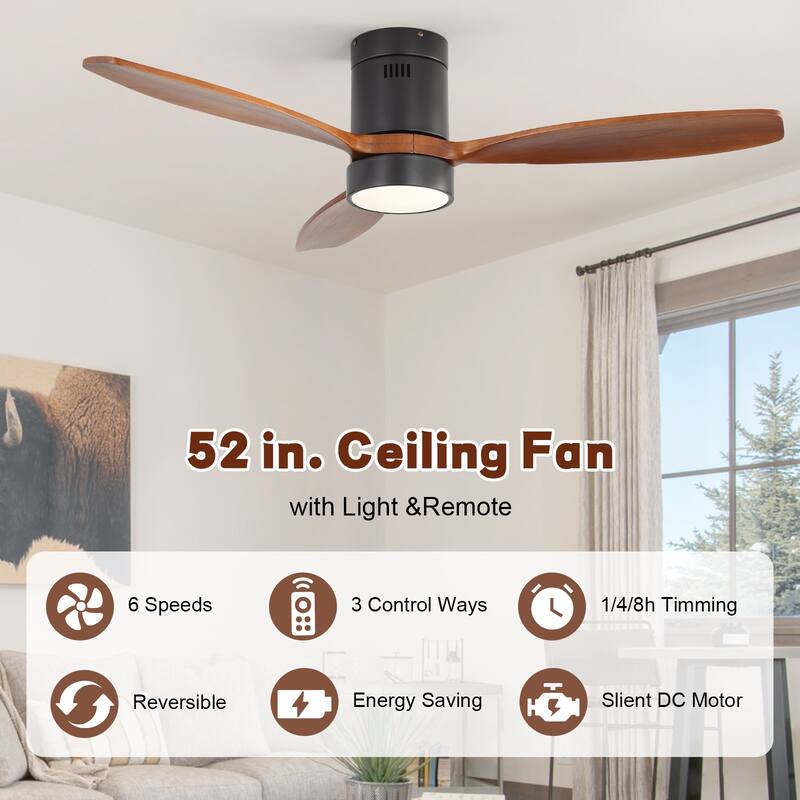 Sofucor 52 Inch Noiseless Flush Mount Ceiling Fan with Remote/Smart App Control,Dimmable Lights Optional,Reversible Motor