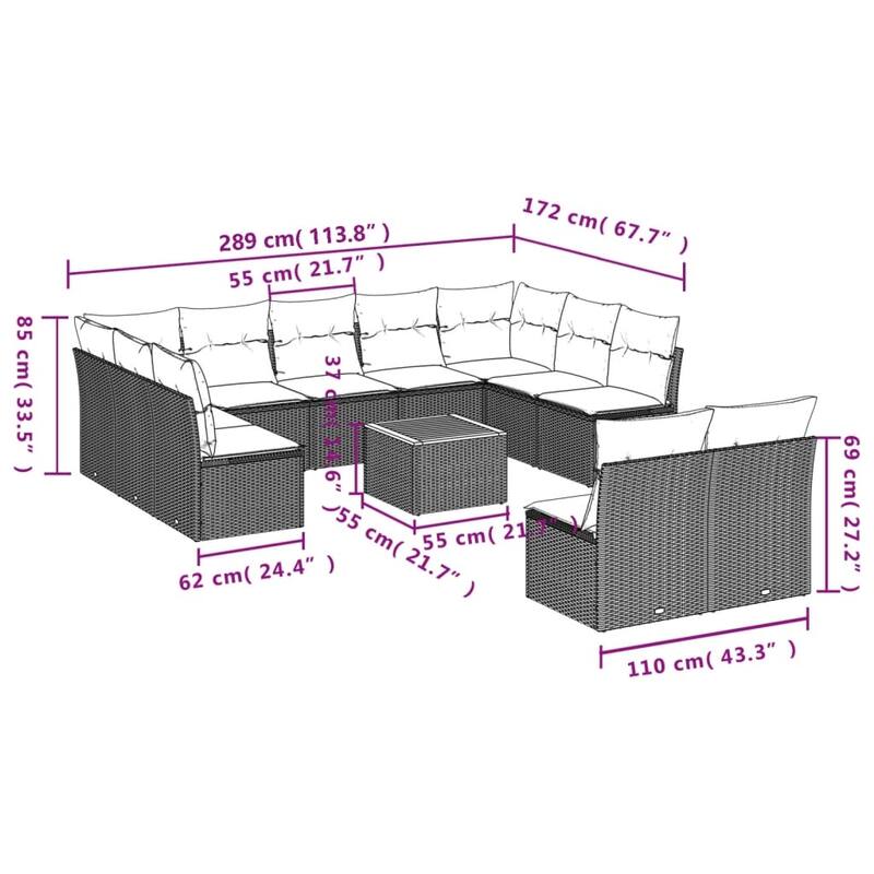 vidaXL Patio Sofa Set with Cushions Outdoor Furniture 12 Piece Poly Rattan - 24.4 x 24.4 x 27.2