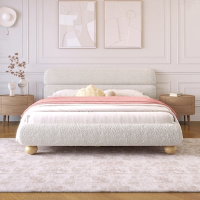 Teddy Fleece Boucle Fabric Low Profile Upholstered Bed