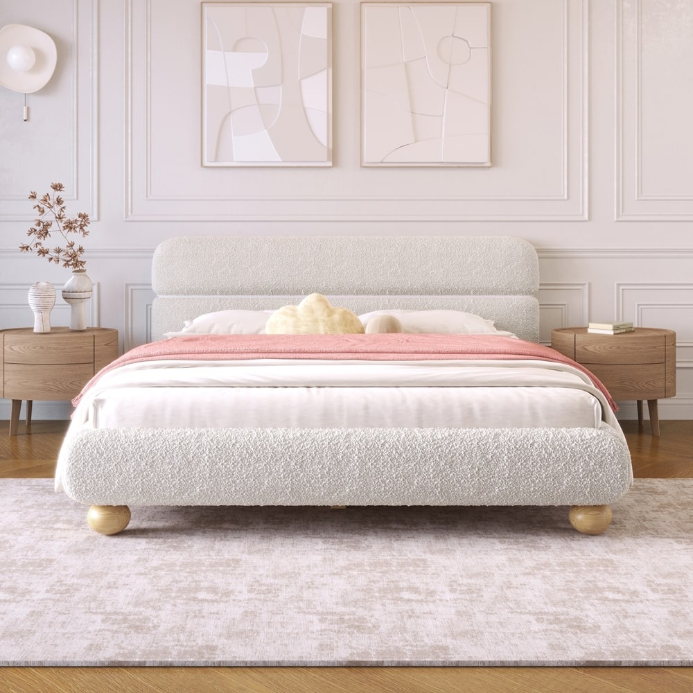 Teddy Fleece Boucle Fabric Low Profile Upholstered Bed