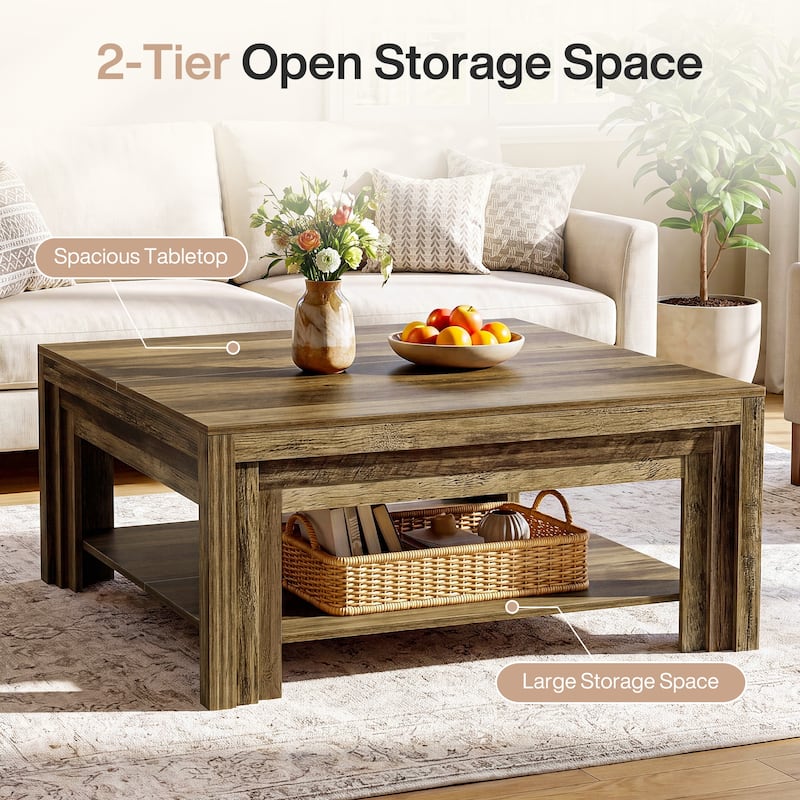 39 Inch Square Coffee Table, Rustic Farmhouse Center Tea Table