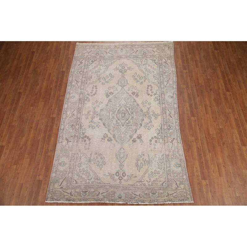 Hand Knotted Oriental 100% Wool Carpet Traditional Medallion Beige & Ivories Tabriz Area Rug - 9' 11'' X 6' 2''