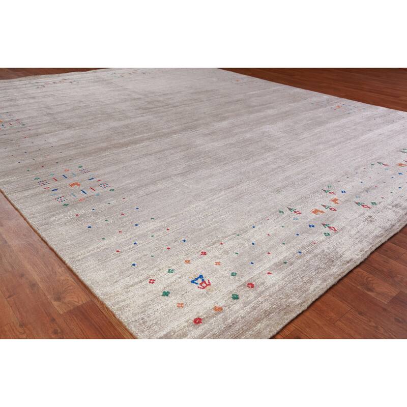 Hand Knotted Oriental 100% Wool Carpet Tribal Stripe Greys & Charcoal Gabbeh Area Rug - 9' 11'' X 7' 11''