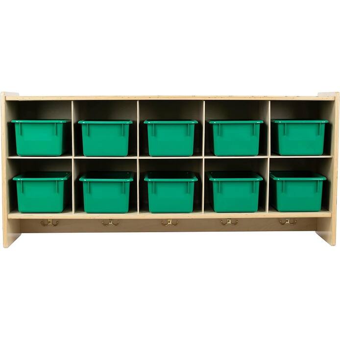 RRI Goods 10 Section Wall Mount Classroom Storage Organizer, Cubby Shelving with Trays and Hooks - Green